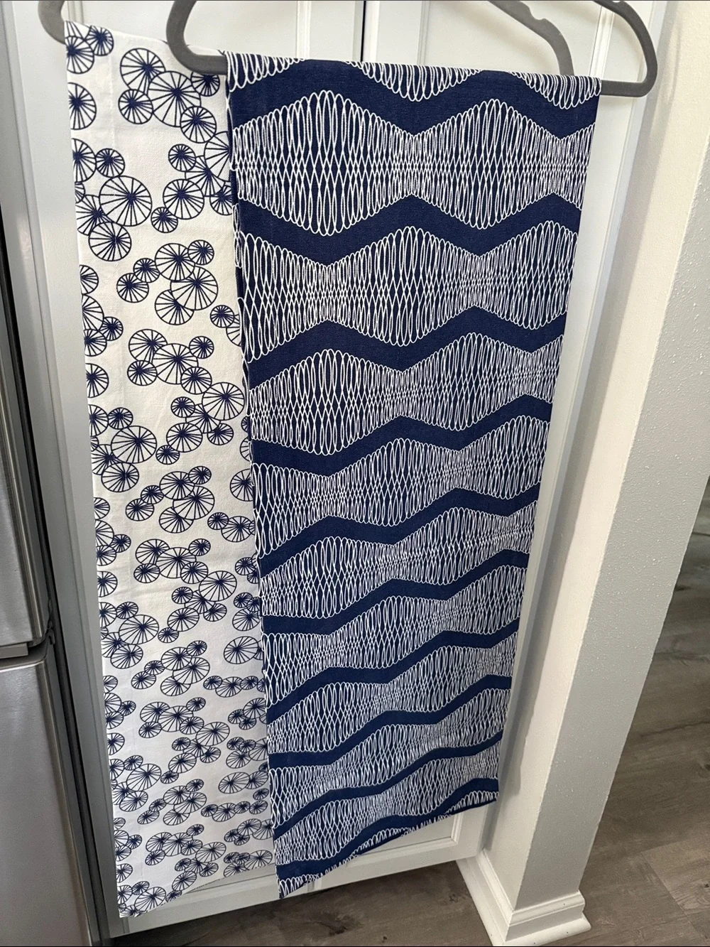Navy and White Patterned Table Runners- 13.5”x74”ea. Fun for patio, dining table